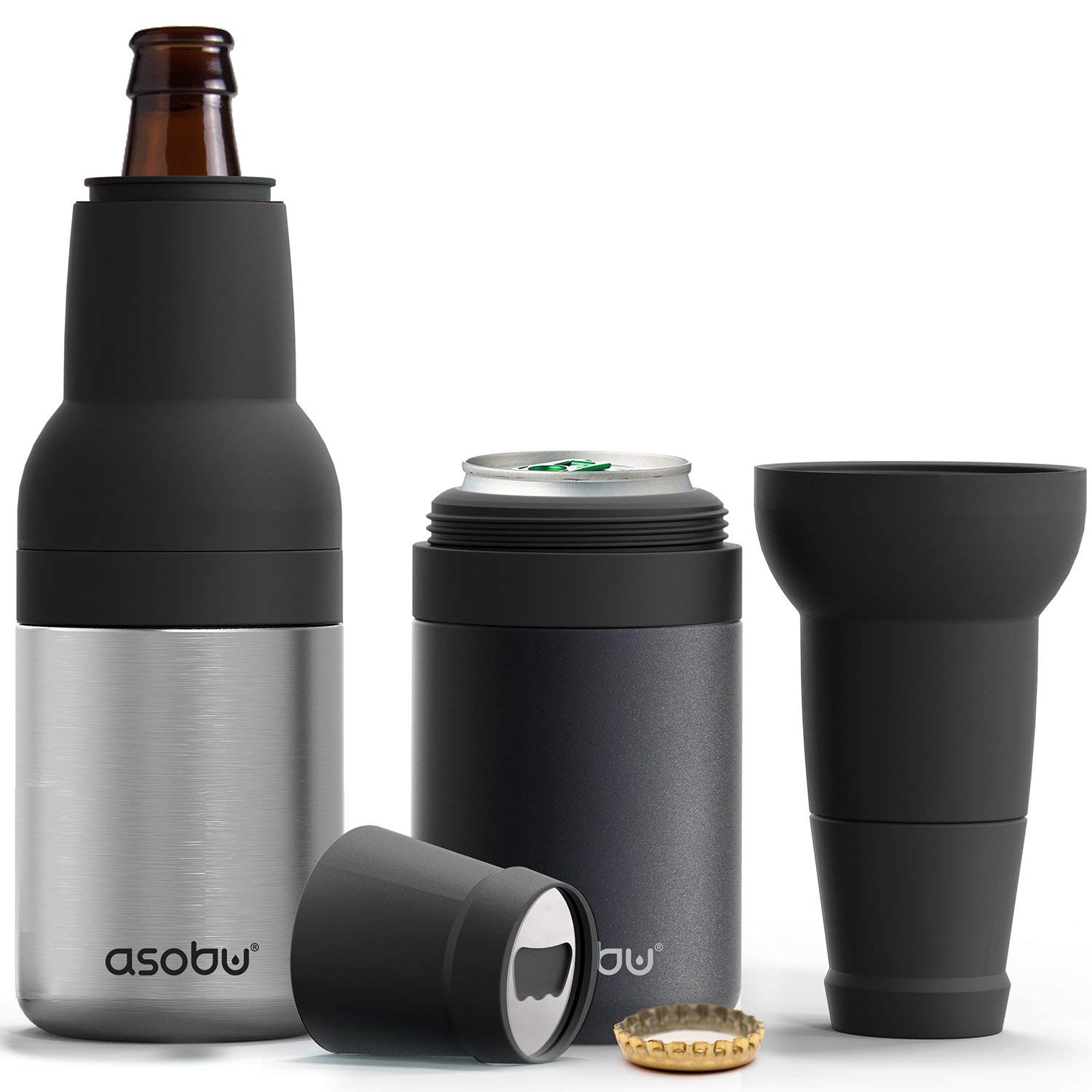 Silver Asobu Frosty Beer 2 Go Vacuum Insulated Double Walled Stainless Steel Beer Can and Bottle Cooler with Beer Opener Eco Friendly and Bpa Free